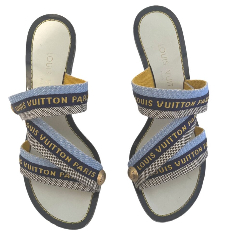 Louis Vuitton Paris Blue Canvas 3.5" Heeled Sandals Metal Logo Size 35/US size 5 - Picture 5 of 13